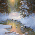 Featured Artwork: Cecy Turner Oil painting of sunlight coming through pine trees covered in snow reflecting in a pond