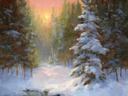 Oil painting of sunlight coming through pine trees covered in snow reflecting in a pond