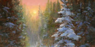 Oil painting of sunlight coming through pine trees covered in snow reflecting in a pond