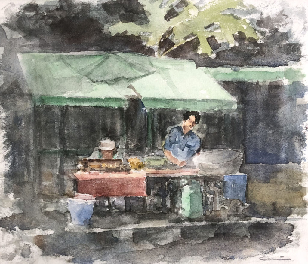 Stock Schlueter, "Vendors," watercolor, 8 x 9