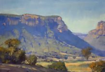 Brett “Mon” Garling, “Capertree Blues,” 2020, oil, 11 3/4 x 15 3/4 in., Collection the artist, Plein air