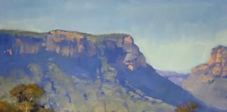 Brett “Mon” Garling, “Capertree Blues,” 2020, oil, 11 3/4 x 15 3/4 in., Collection the artist, Plein air