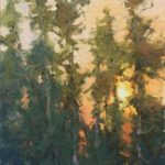 Kim Casebeer, “Last Light Pines (Big Sky),” 2018, oil, 16 x 8 in., Private collection, Plein air