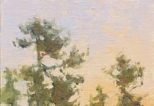 Kim Casebeer, “Last Light Pines (Big Sky),” 2018, oil, 16 x 8 in., Private collection, Plein air