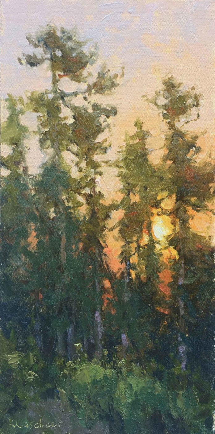 Kim Casebeer, “Last Light Pines (Big Sky),” 2018, oil, 16 x 8 in., Private collection, Plein air