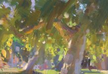 Tiffanie Mang, “Trees at Buena Vista Park,” 2019, gouache, 6 x 6 in., Private collection, Plein air