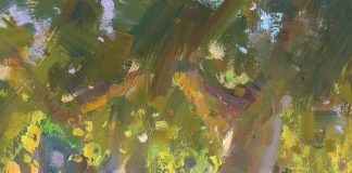 Tiffanie Mang, “Trees at Buena Vista Park,” 2019, gouache, 6 x 6 in., Private collection, Plein air