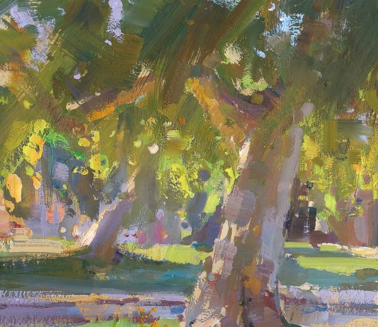 Tiffanie Mang, “Trees at Buena Vista Park,” 2019, gouache, 6 x 6 in., Private collection, Plein air
