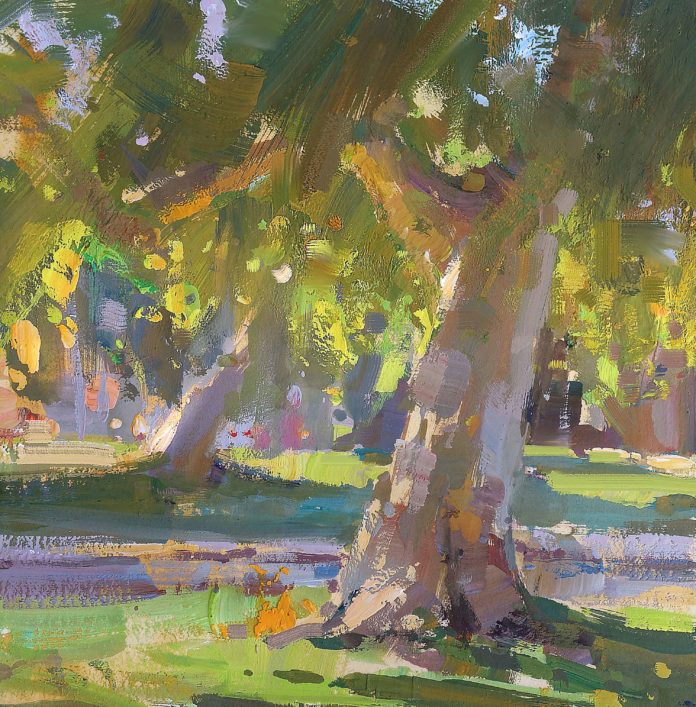 Tiffanie Mang, “Trees at Buena Vista Park,” 2019, gouache, 6 x 6 in., Private collection, Plein air