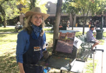 Artist Michele Byrne painting outdoors in Santa Fe