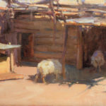 Oil painting of a shed with sheep in front
