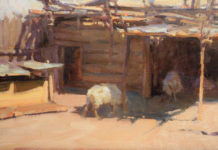 Oil painting of a shed with sheep in front