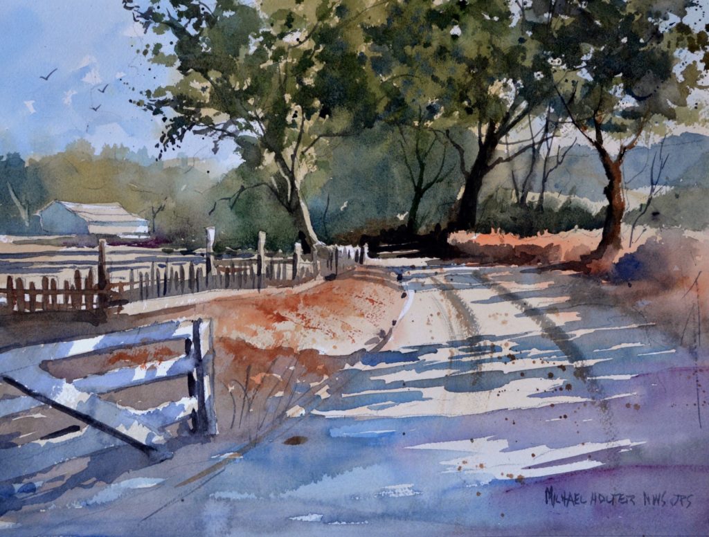 Plein air watercolor painting of a farm