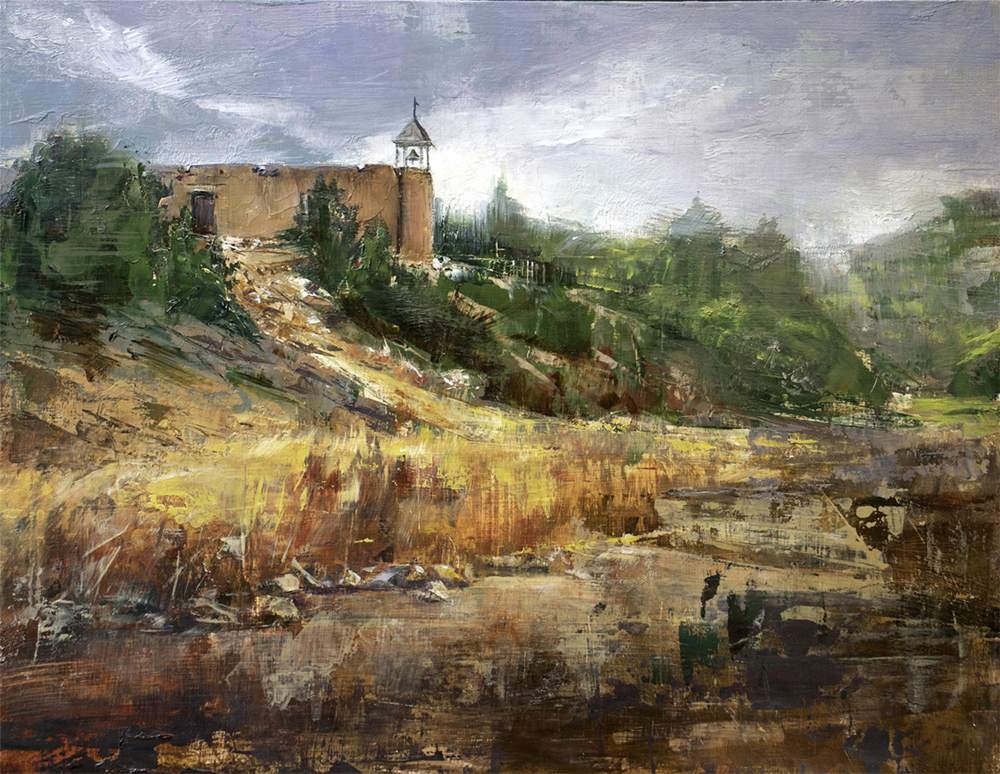 Oil painting of church with brown grassy landscape in the foreground