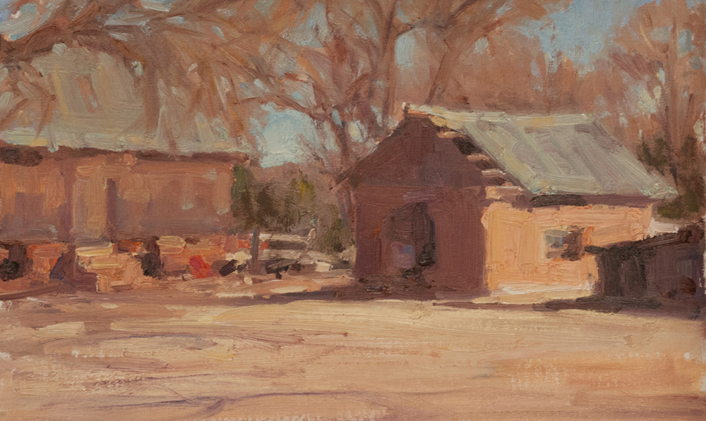 Oil painting of sheds on a farm with trees in the background