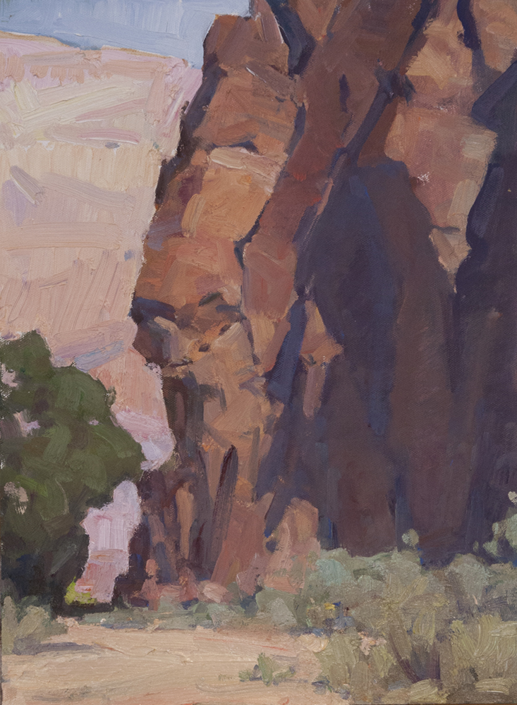 Oil painting of red rock cliffs