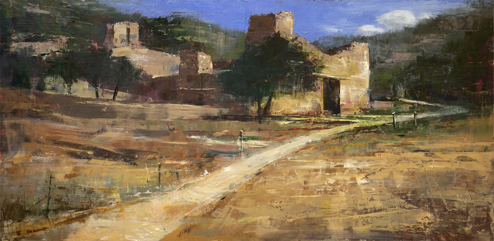 Oil painting of adobe historic building with path to the entrance