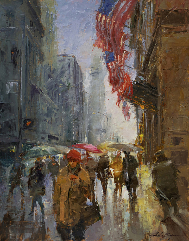 Oil painting of people with umbrellas walking in the rain on a city street with American flags overhead