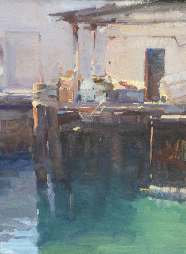 Oil painting of shack on a wharf