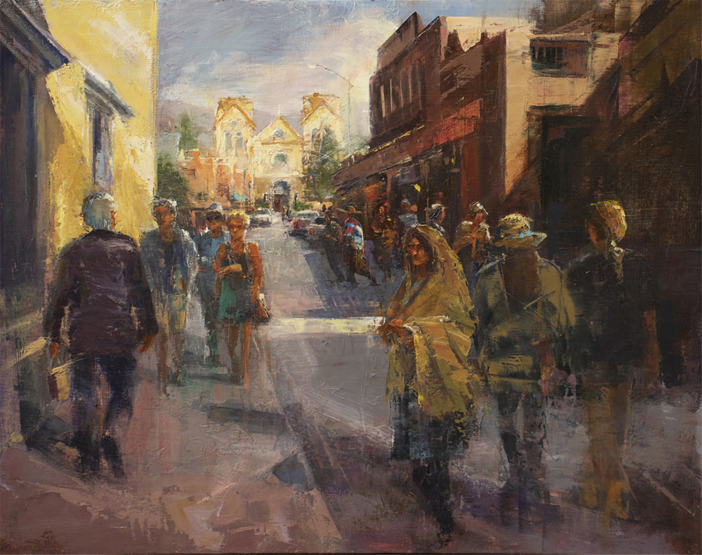 Oil painting of shoppers in a plaza