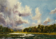 Oil painting of a marshy lake with clouds in the sky