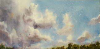 painting of a marshy lake with clouds in the sky, by Brienne M. Brown