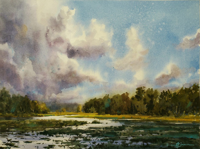 Oil painting of a marshy lake with clouds in the sky