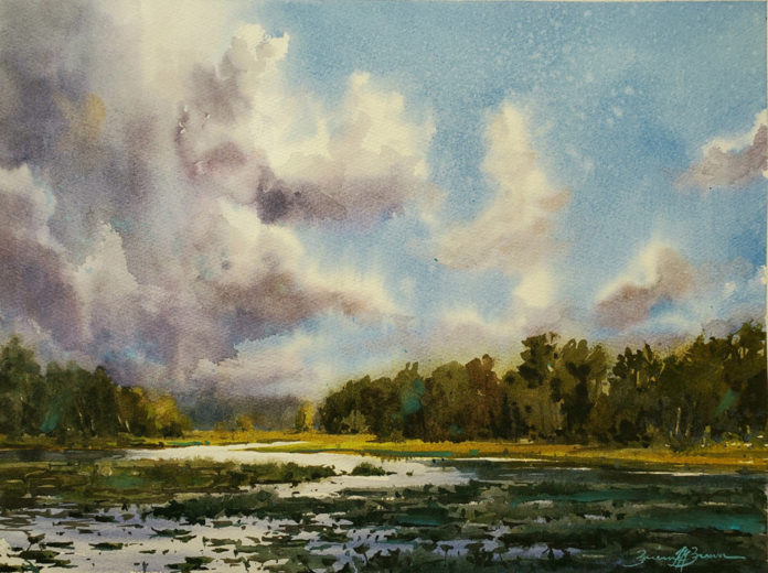 painting of a marshy lake with clouds in the sky, by Brienne M. Brown