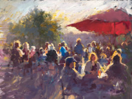 Oil painting of a seated crowd in evening light