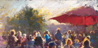 Oil painting of a seated crowd in evening light
