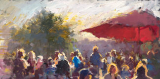 Oil painting of a seated crowd in evening light, by Ryan Jensen