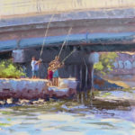 Featured Artwork: Manon Sander Oil painting of people fishing under a bridge