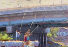 Oil painting of people fishing under a bridge