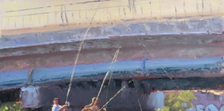 Oil painting of people fishing under a bridge