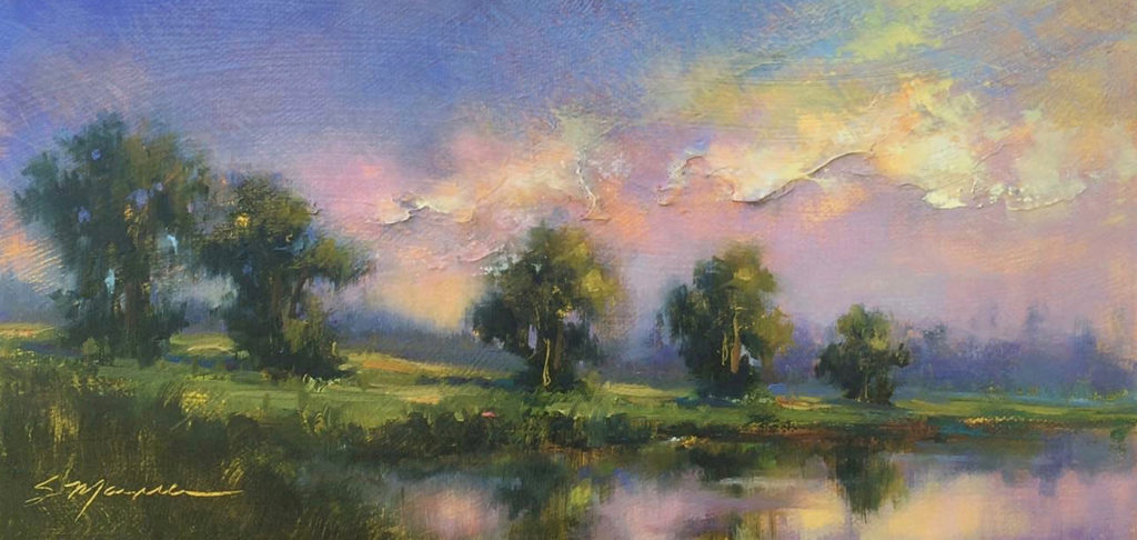 Painting of trees at sunset