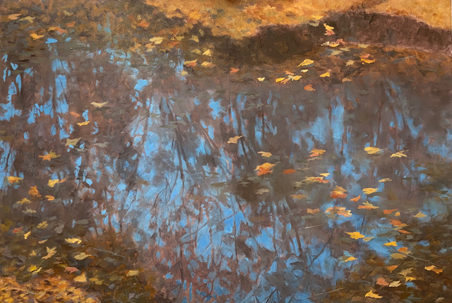 Plein air painting of leaves in water