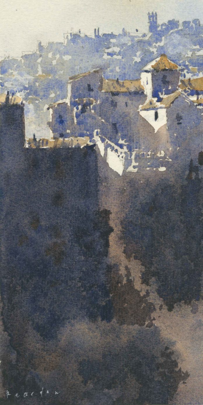 Michael Reardon, “Tivoli Morning,” 2018, watercolor, 10 x 5 in., Collection the artist, Plein air