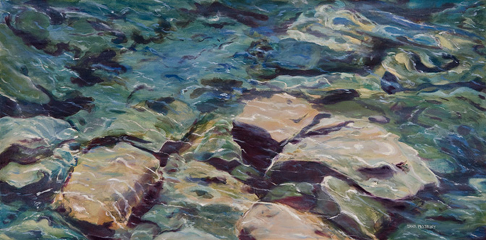 Oil painting of rocks in water.