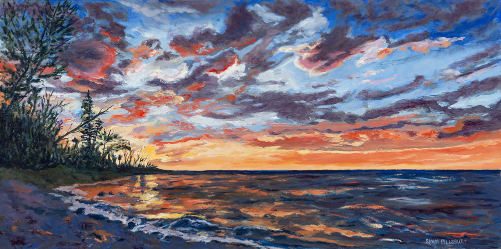 Plein air oil painting of a turbulent sky over waves on a beach