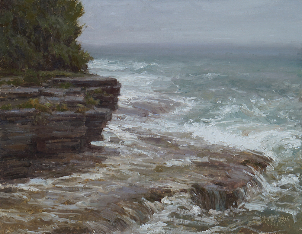 Oil painting of ocean coming up onto rocks on the shore