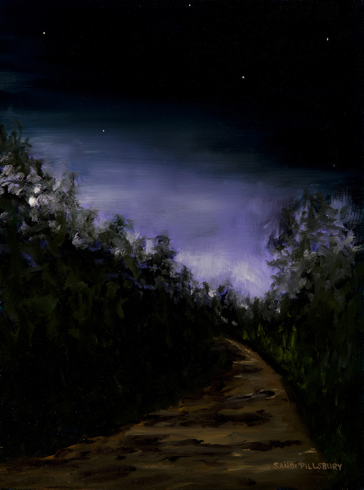Oil painting of light faintly shining through over dark trees and a trail