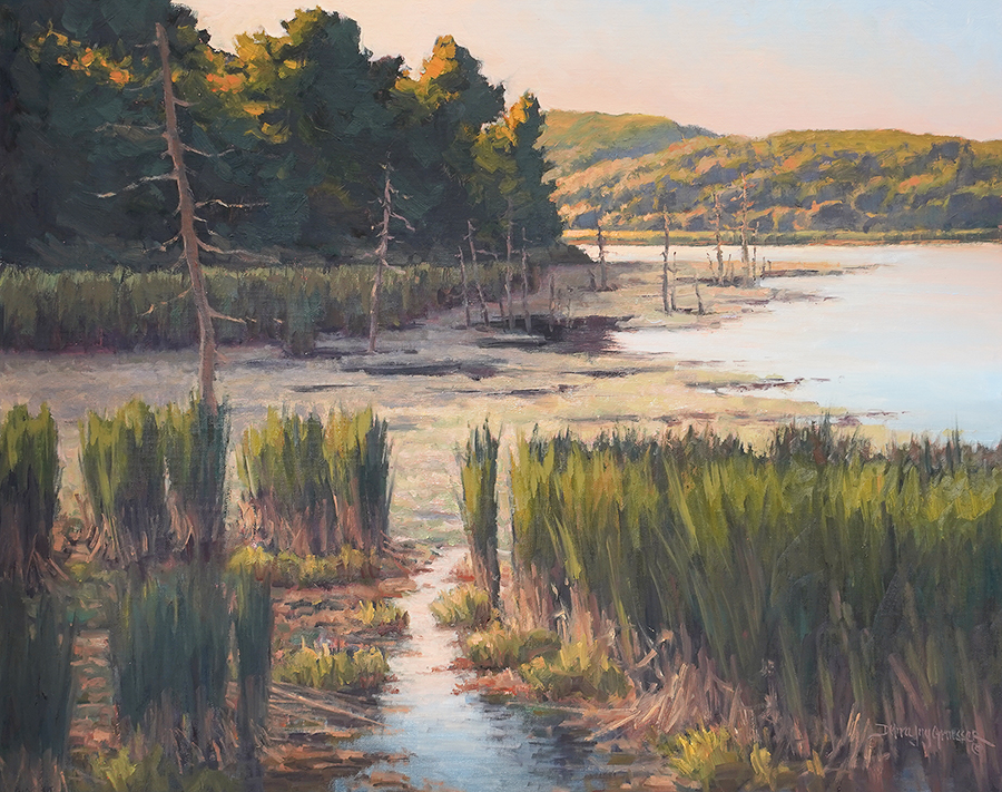 Oil painting of a lake edge with trees and hills in the background and grasses in the foreground