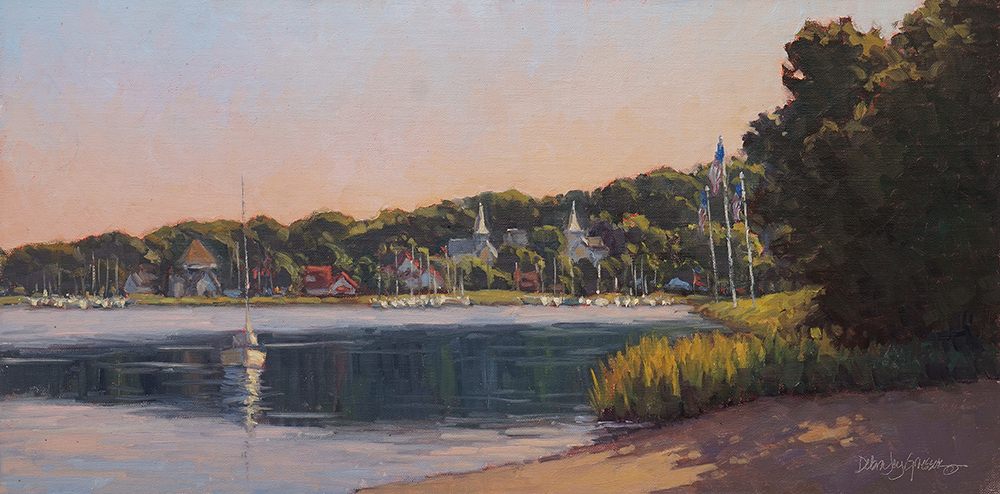 Oil painting of a lake and shoreline with buildings