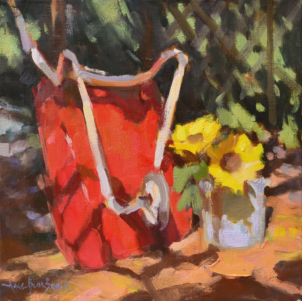 Oil painting of a red wheel barrow next to some sunflowers in a pot
