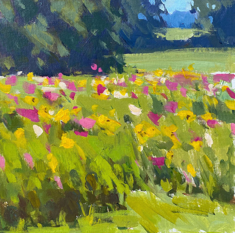 Acrylic painting of a field of flowers