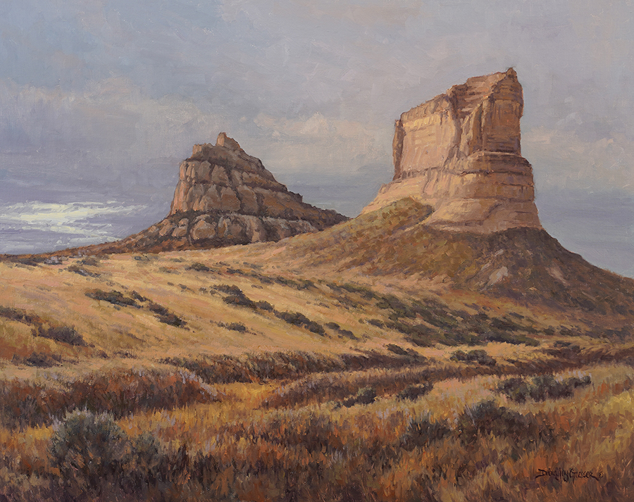 Oil painting of monumental rock formations on the prairie