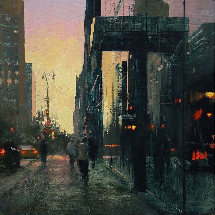 Hsin-Yao Tseng, "Sunset Reflections on Park Ave. NYC," 2020, oil on panel, 14 x 14 in.