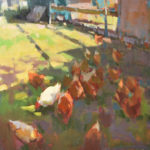 Oil painting of chickens in the grass