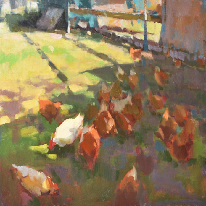 Oil painting of chickens in the grass