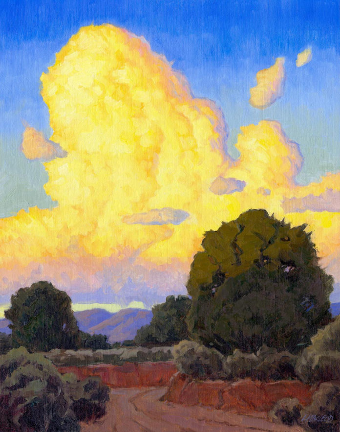 Oil painting of a thunderstorm over a southwest landscape